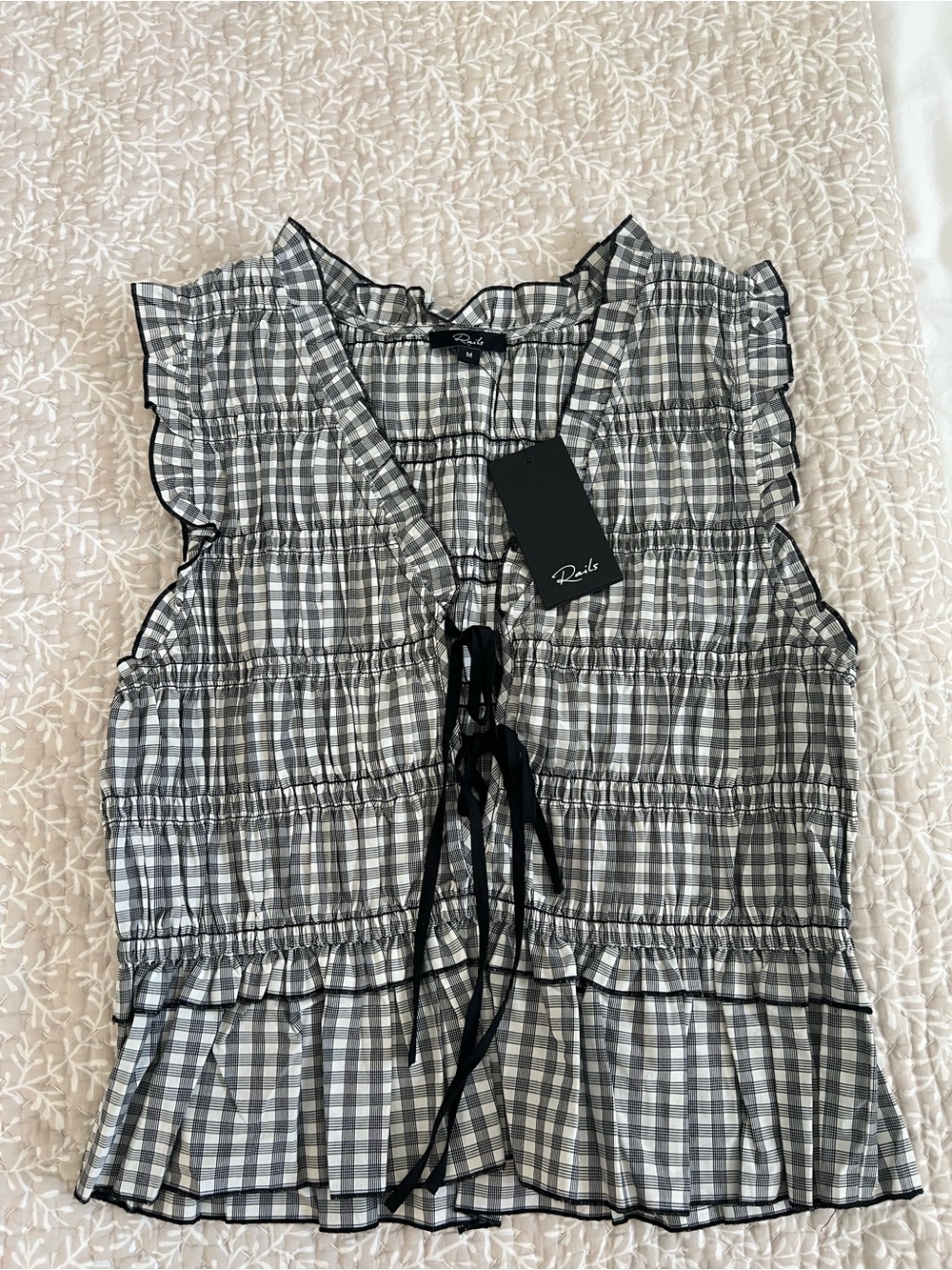 Rails Womens Martine Black & White Gingham Ruffle Tie-Front Top- NWT